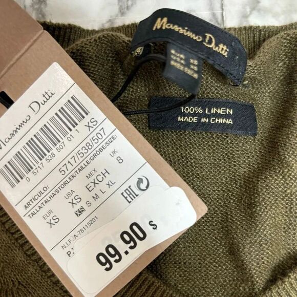 Massimo Dutti Green 100% Linen V-Neck lightweight Sweater Size XS NWT Minimalist - Picture 5 of 9